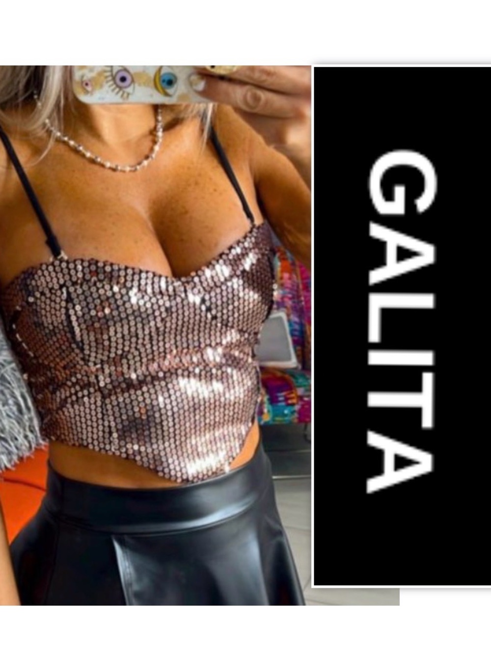 Galita Rose Gold Sequin Halter Cropped Corset Top